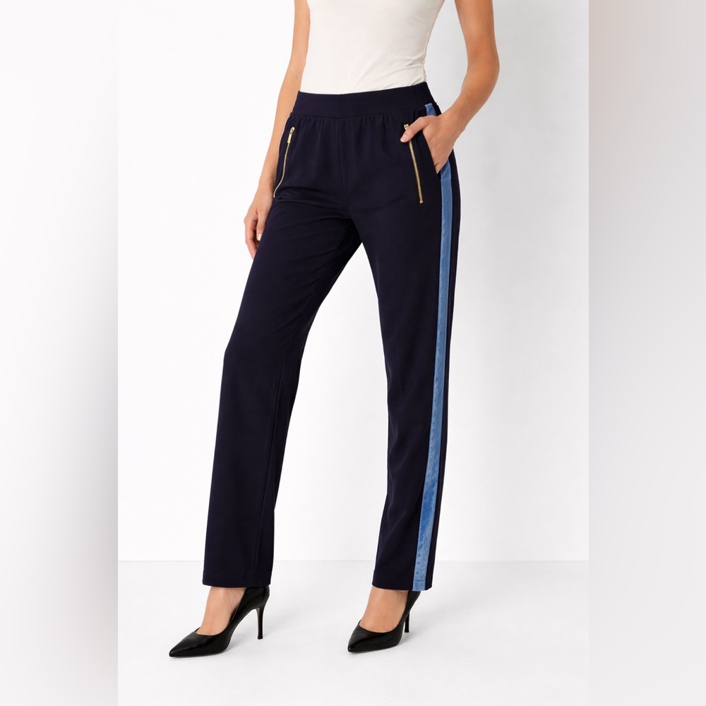 Saint + Sofia Runway Pant Navy Straight-Leg Trousers Velvet Side Stripe Size 6